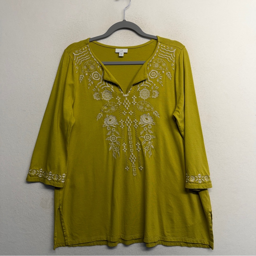 J Jill Citron Yellow 3/4 Sleeve Floral Embroidered Top Women’s Size M‎ Tunic